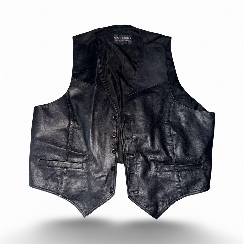 Wilsons Black Leather Vest Men's 2XL Button Front Lined Welt Pockets